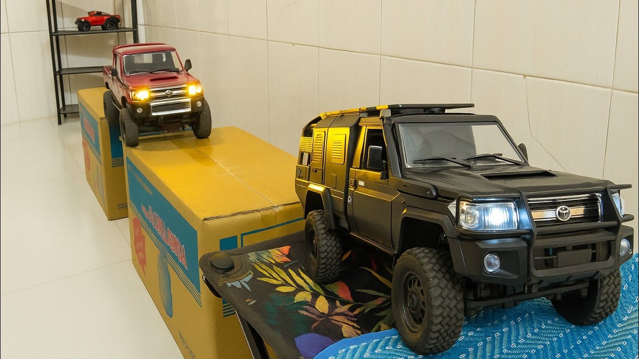 Remote Control Cars || RC Toyoto Land Cruiser MN82s, MN82 Driving on Cardboard Obstacles 