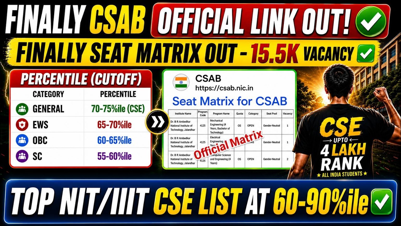 CSAB 2026 Vacant Seat Matrix OUT 😱 NIT, IIIT Cutoff, Category Restoration & Choice Filling CSAB 2026