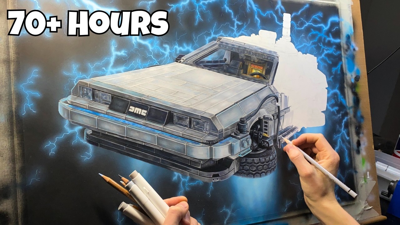 Попытка нарисовать LEGO Delorean из фильма «Назад в будущее» маркерами и цветными карандашами.