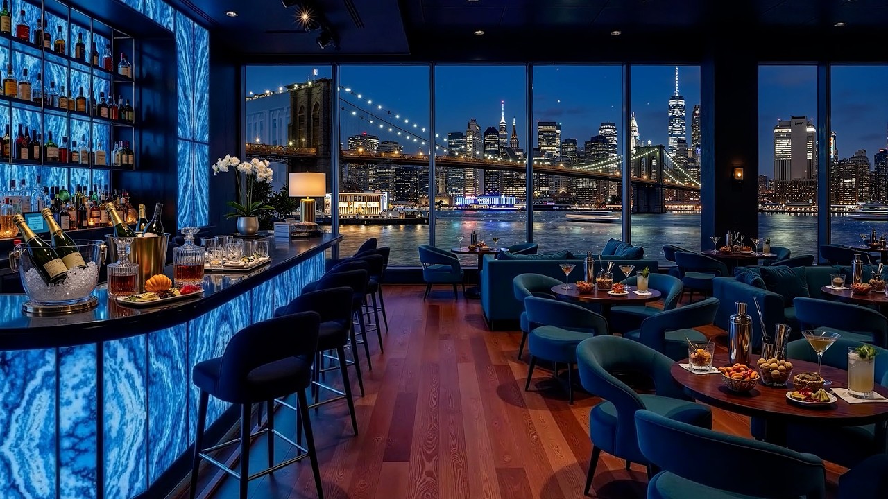 Luxury Bar Ambience Overlooking the Brooklyn Bridge ~ Soothing Jazz Saxophone Music to Relax, Sleep
