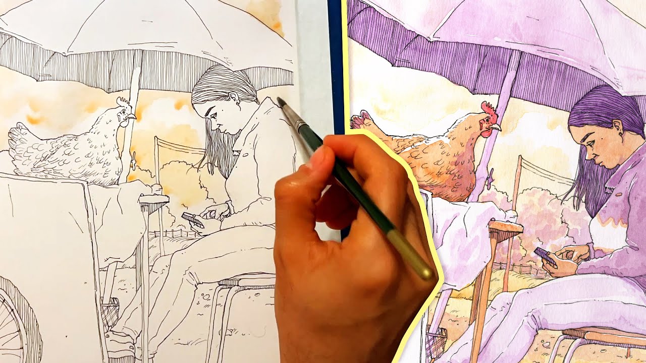 Chicken and Woman in Bogota Colombia Watercolor Painting Process