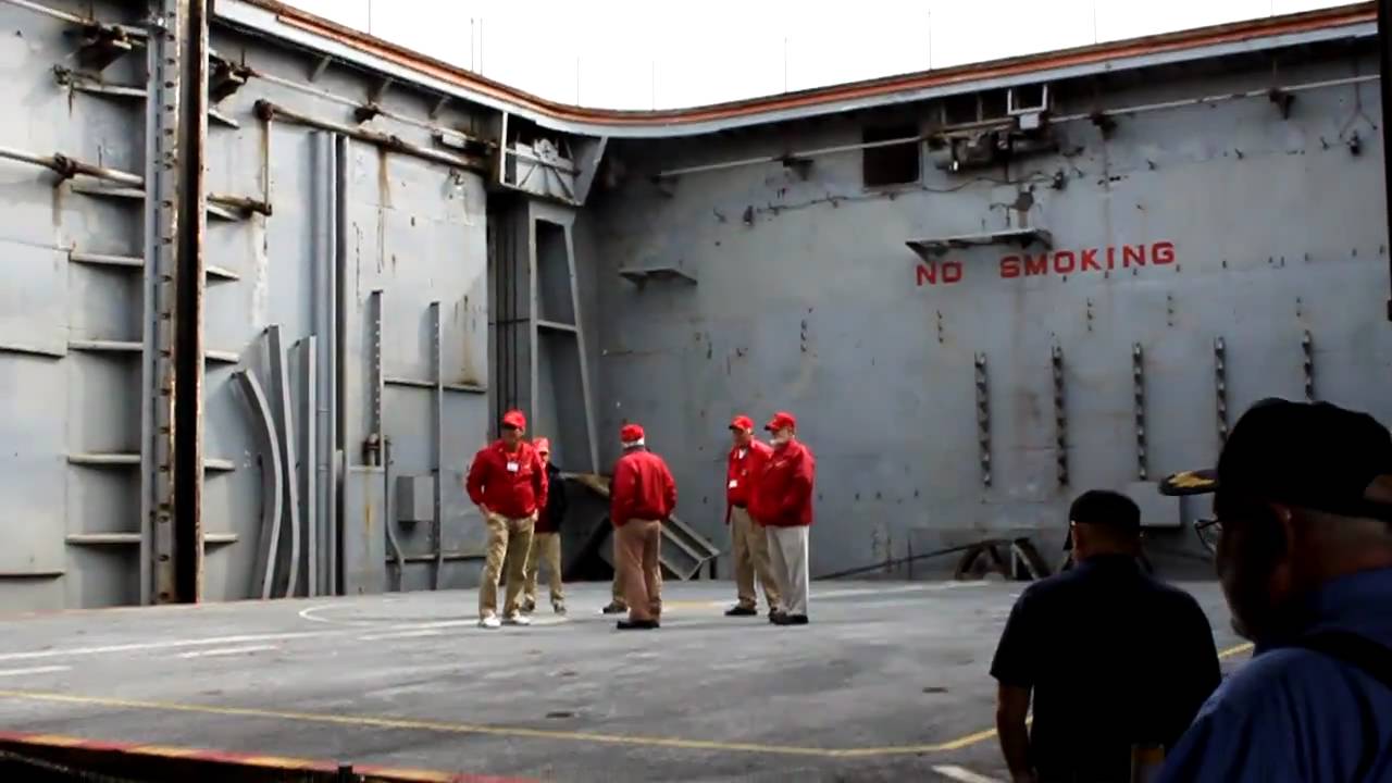 Carrier USS Hornet using the Jet elevator