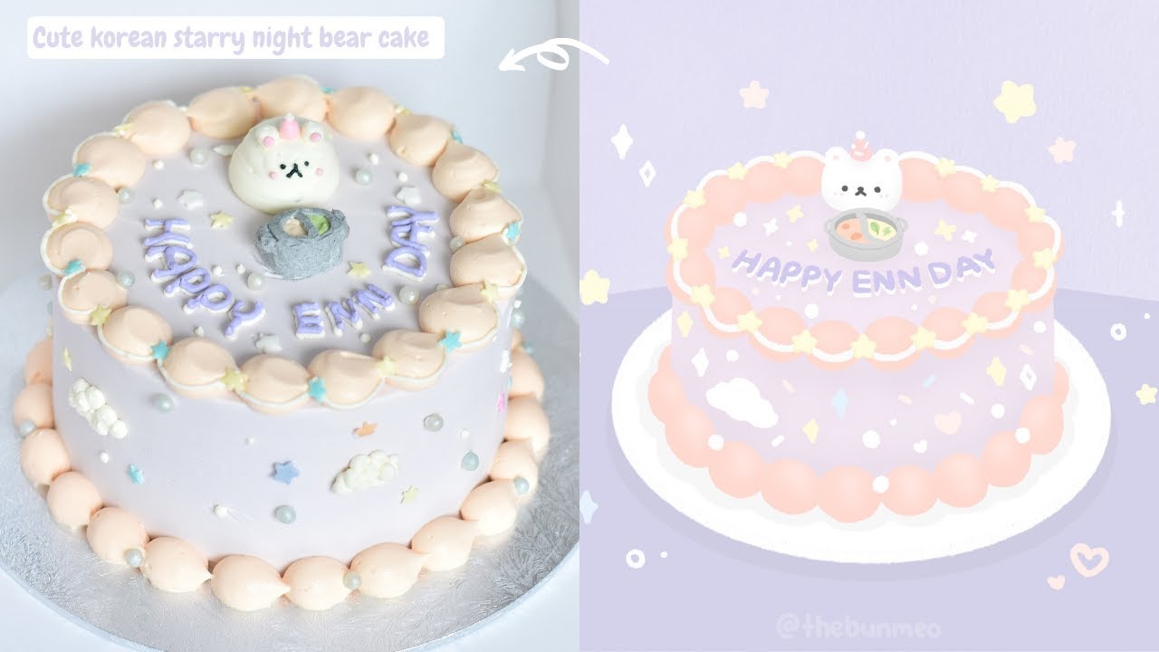 I recreated a cake from an artist's drawing! Cute pastel korean bear starry night cake (TURN ON CC)