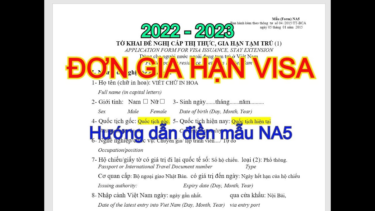 Hướng dẫn điền Mẫu NA5 - 2023 (Đơn xin gia hạn visa cho người nước ngoài)
