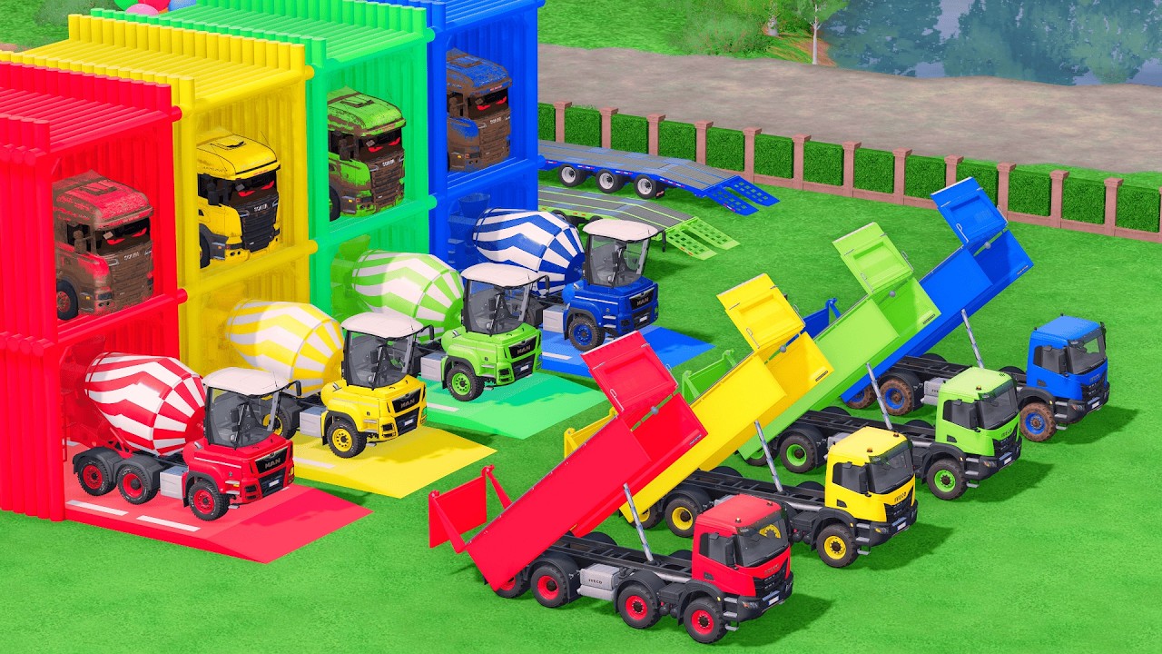 Garage with Colors ALL MIXER TRUCK WITH DOUBLE FLATBED TRAILER TRUCK, MAN, IVECO, SCANIA FS25