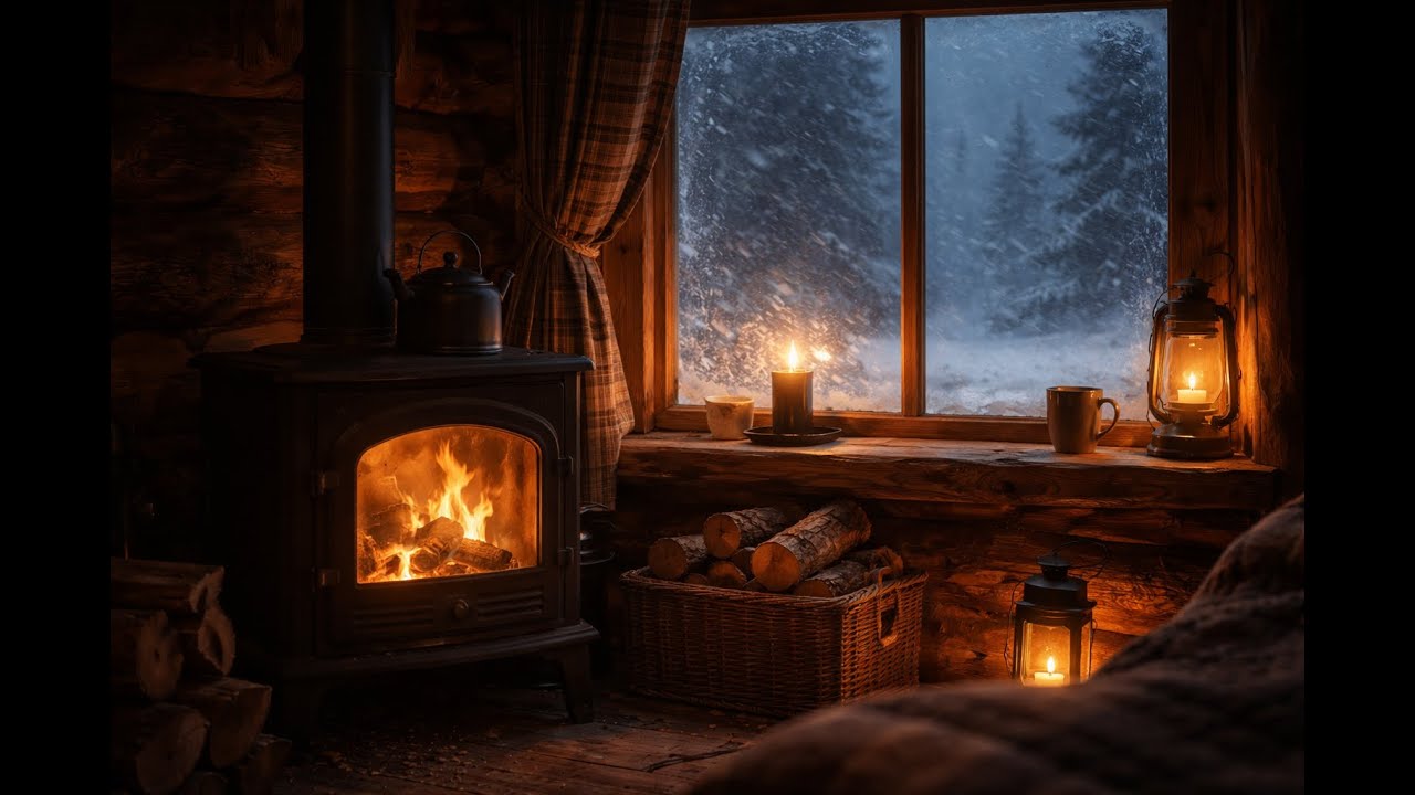 1 Hour Cozy Cabin ASMR ❄️ Snowstorm Outside, Crackling Stove Inside