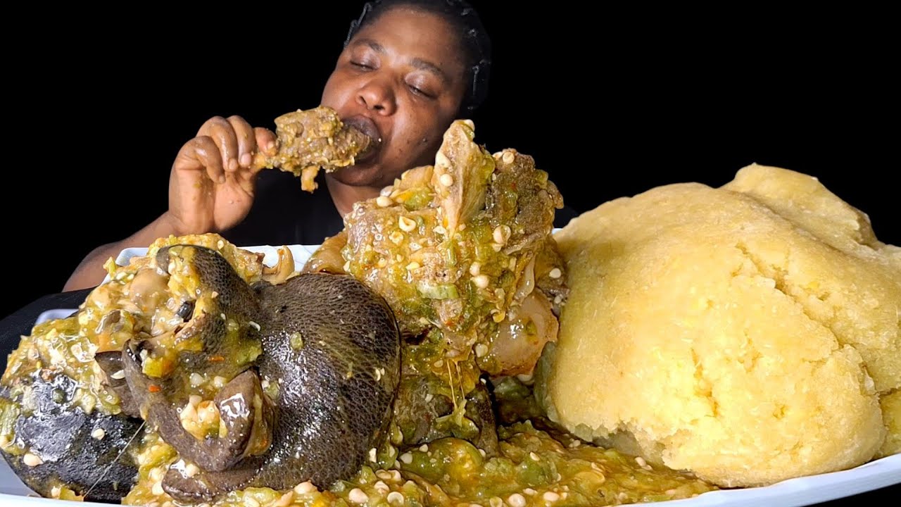 African food mukbang/ fufu +okra soup with goat meat and snail  ASMR mukbang