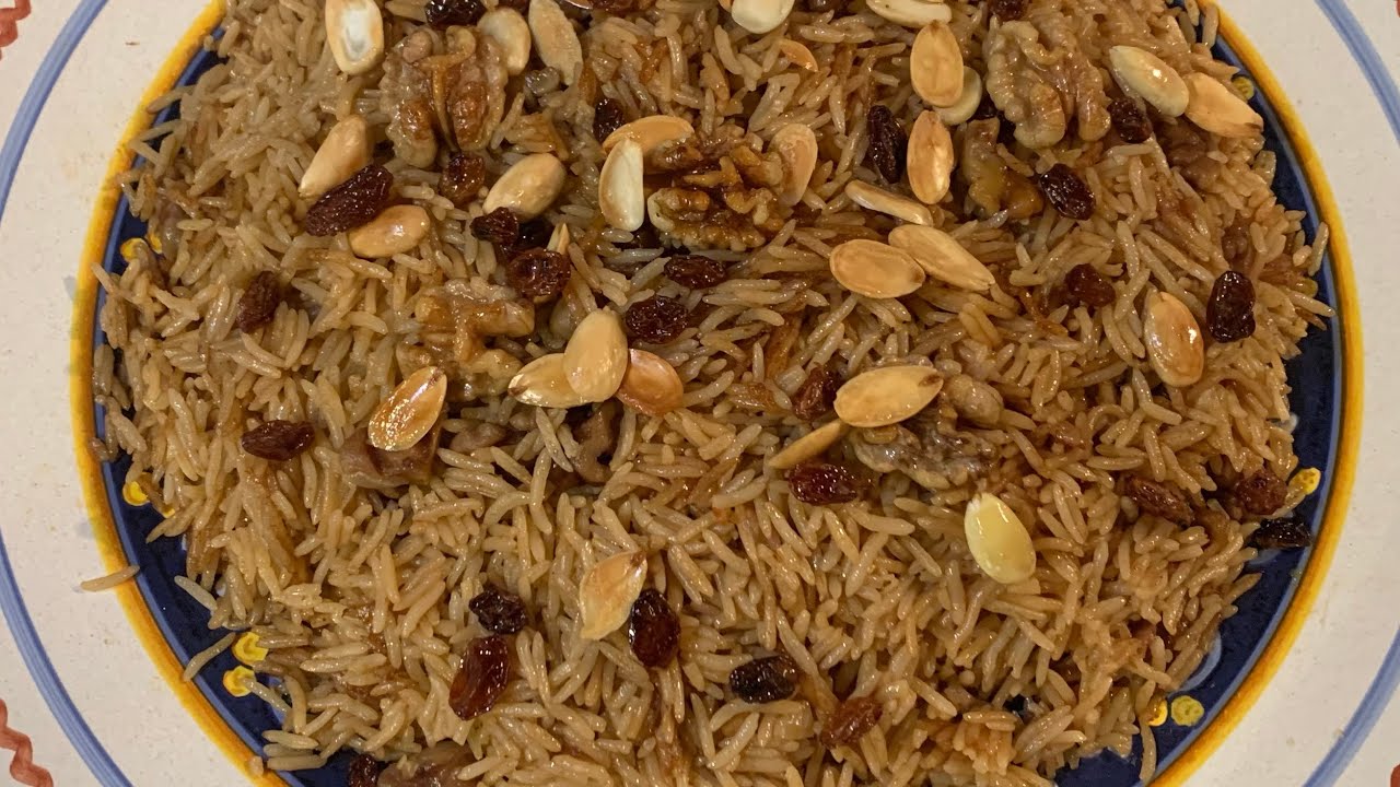تمن رز بسمتي على دبس الرمان مع الجوز لذيذة سهلة وصحية 😋فوائد الجوز ودبس الرمان في صندوق الوصف