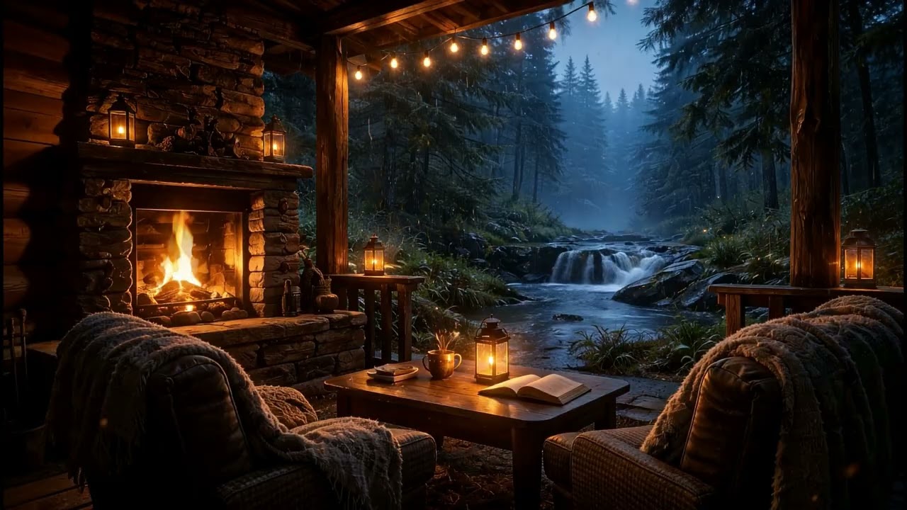 Cozy Fireplace and Forest River Sounds | Relaxing Cabin Ambience | 4K
