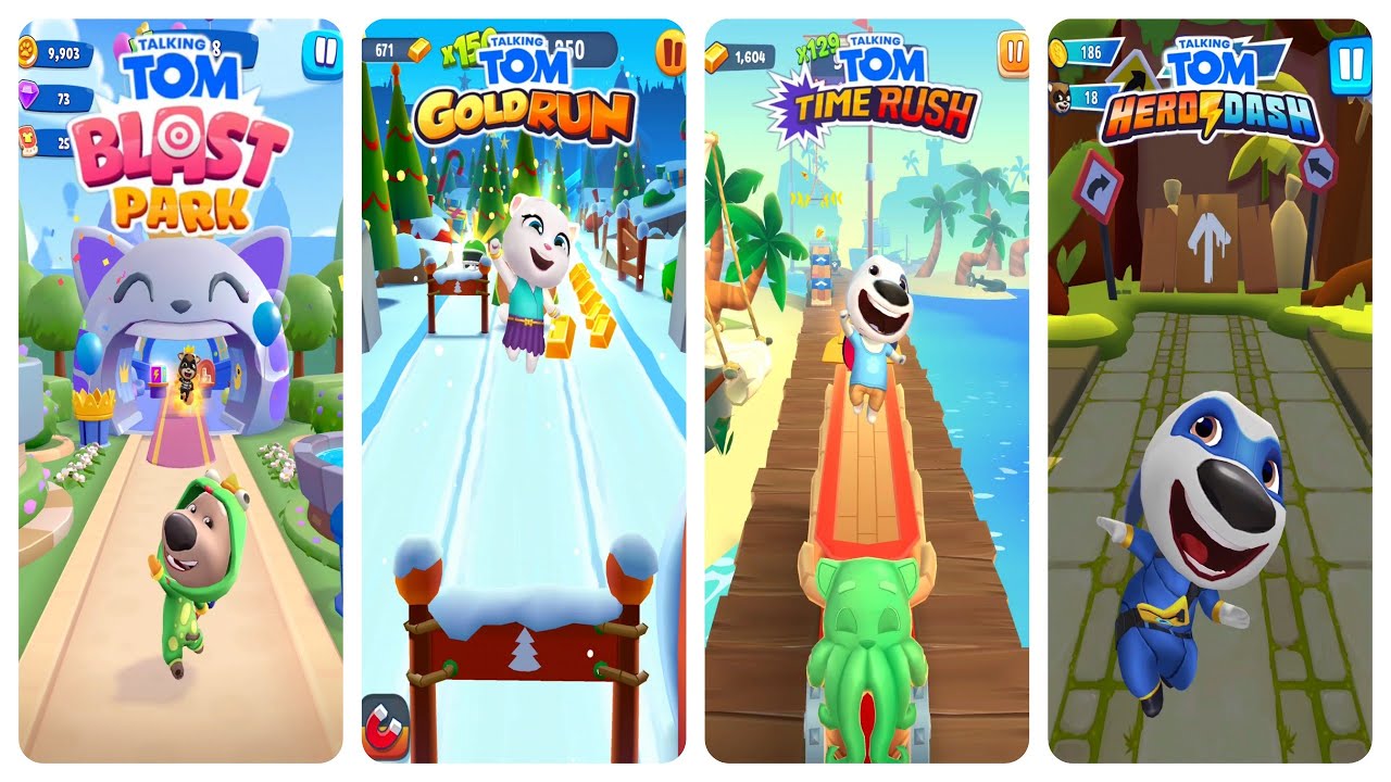 Talking Tom Blast Park Ben with Green Suit vs Talking Tom Hero Dash vs Tom Time Rush vs Gold Run