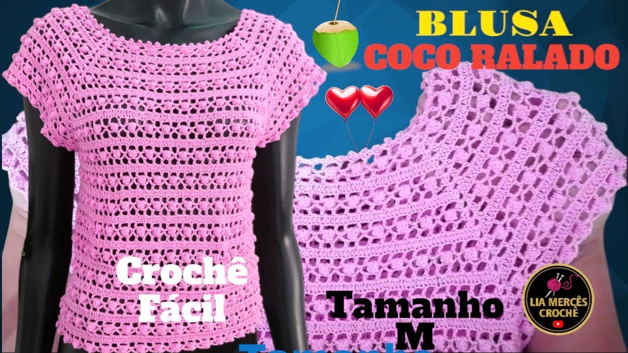 EU CRIEI uma Blusa de Crochê Côco Ralado em 1 Dia e Vou Mostrar como Fazer Passo a Passo Tamanho M