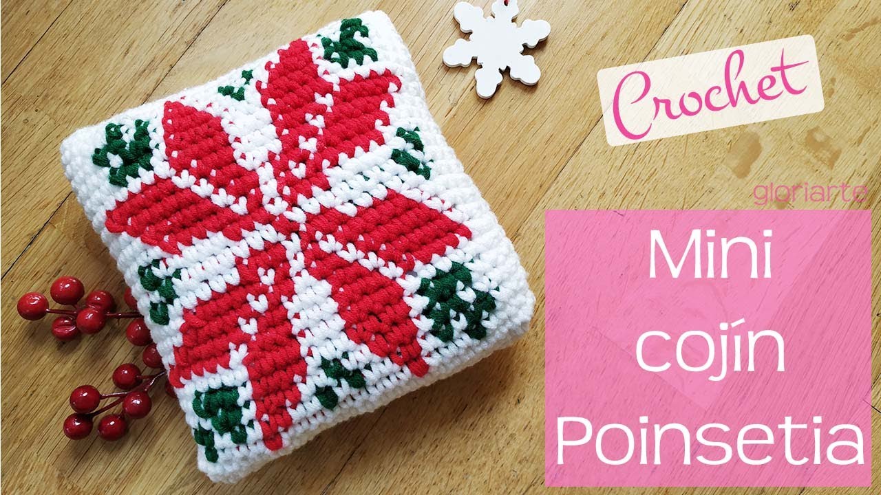 COJÍN de GANCHILLO JACQUARD POINSETTIA. DECORACIÓN NAVIDAD. TAPESTRY CROCHET CUSHION POINSETTIA.