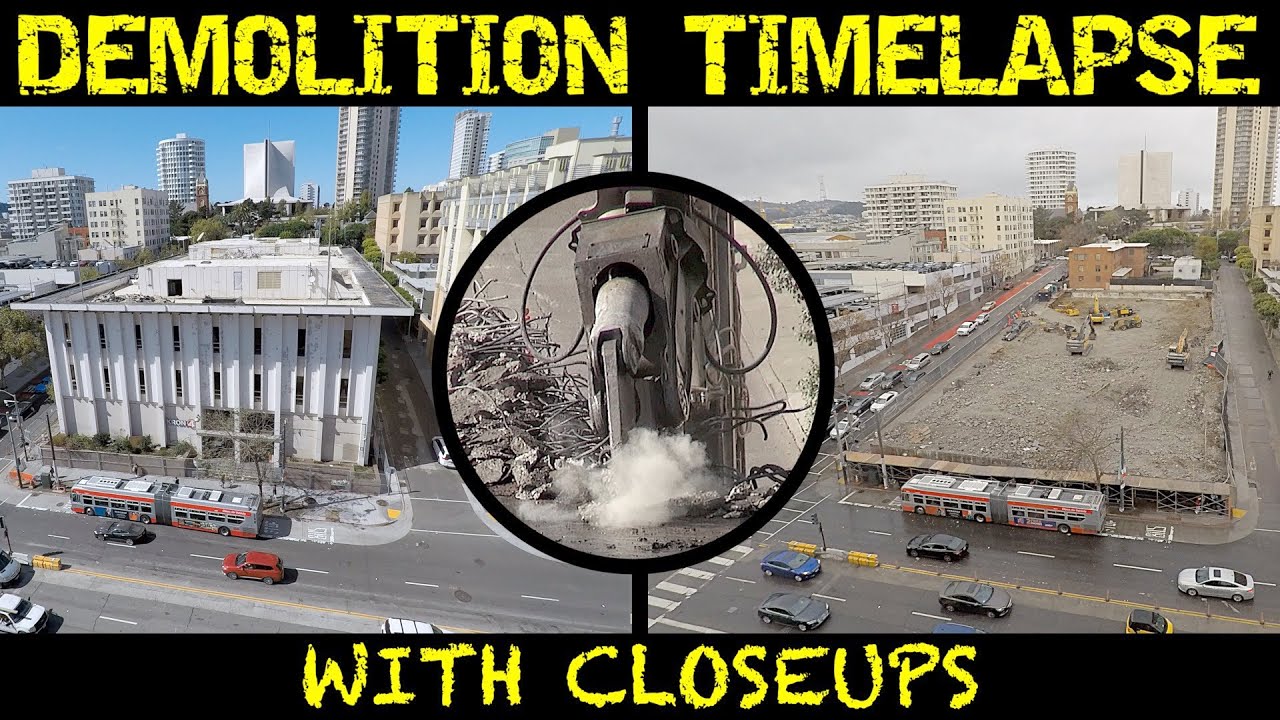 Demolition time-lapse with closeups of a former TV studio building (Part 1)
