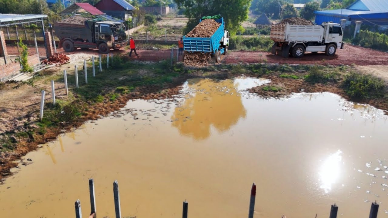 COMPLETE 100% Small PROJECT Landfill On The Flooded by Mini Dozer MITSUBISHI Pushing & Truck Dumping