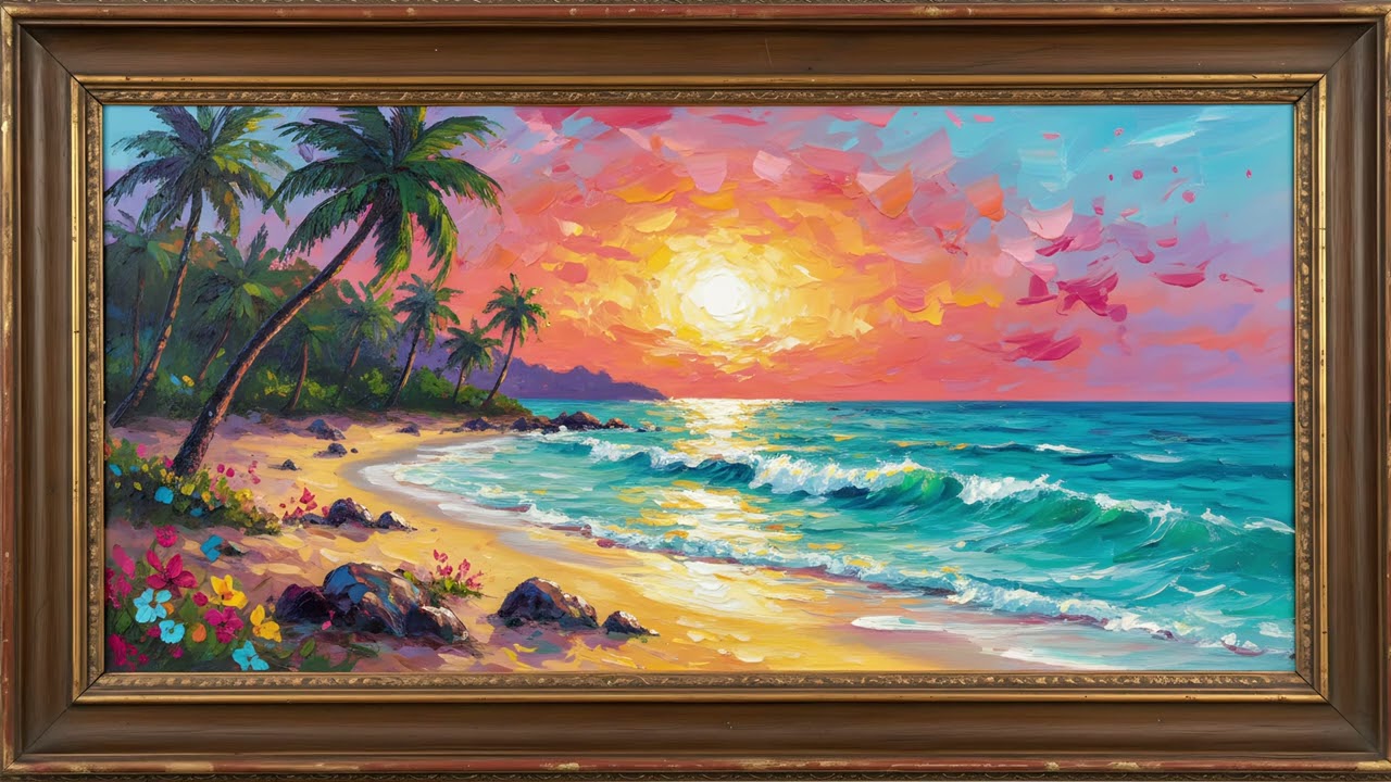 Tropical Beach Sunset Painting | Gold Frame TV Art | Vintage Ocean Art Screensaver for TV | 1 Scene