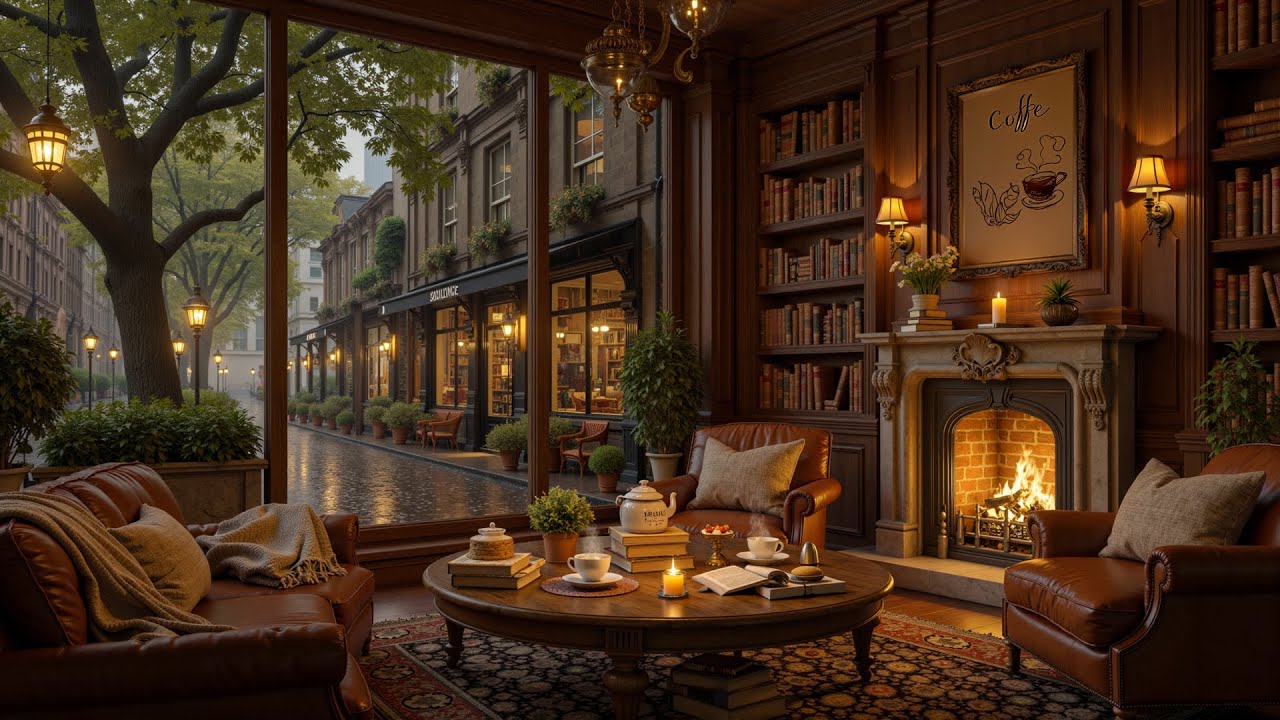 Tranquil Rainy Library Café Jazz ☕ Warm European Fireplace Ambience for Reading & Study
