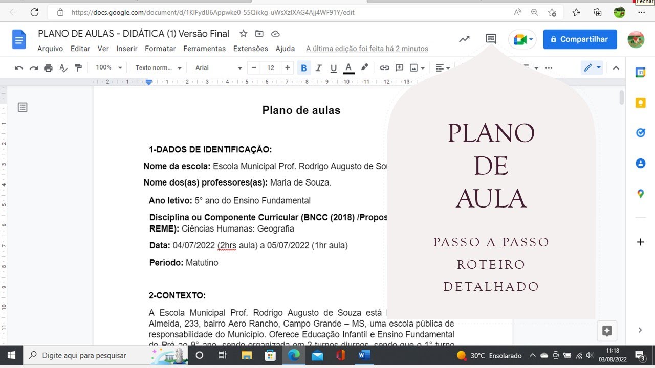 COMO É O ROTEIRO DE UM PLANO DE AULA(S)?