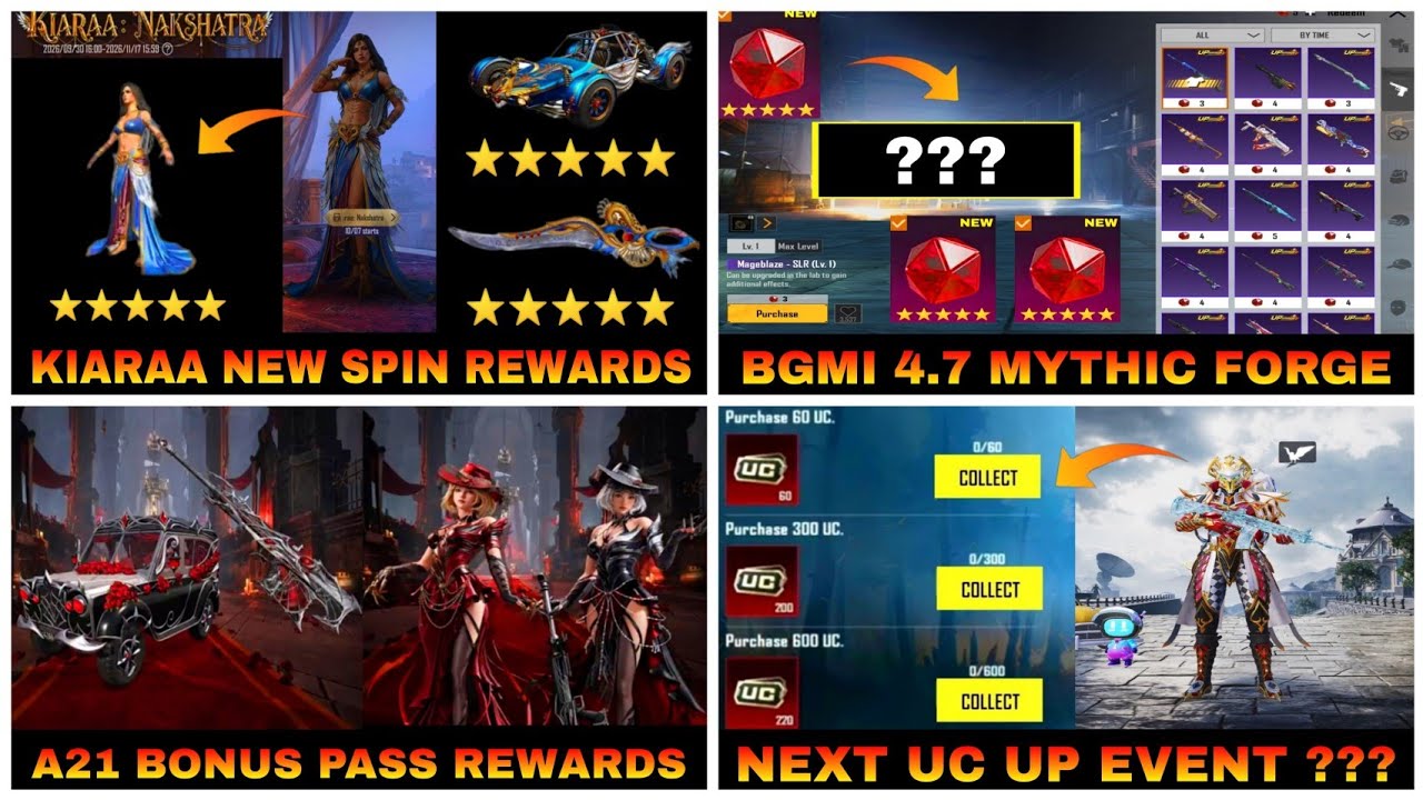 KIARAA NEW SPIN REWARDS | BGMI 4.7 MYTHIC FORGE | A21 BONUS PASS REWARDS | NEXT UC UP EVENT 🔥