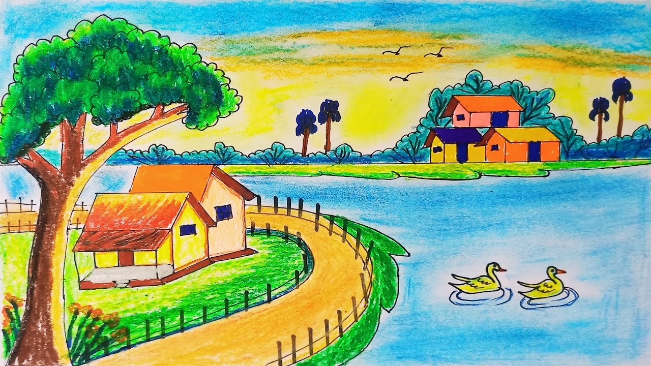 গ্রামের সুন্দর দৃশ্য আঁকা || Village Scenery Drawing || Easy Landscape Art