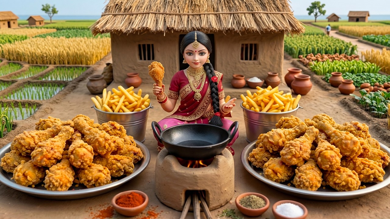 🍗🔥 Miniature Doll Massive KFC Style Fried Chicken Cooking ASMR | Indian Village Tiny Kitchen Story