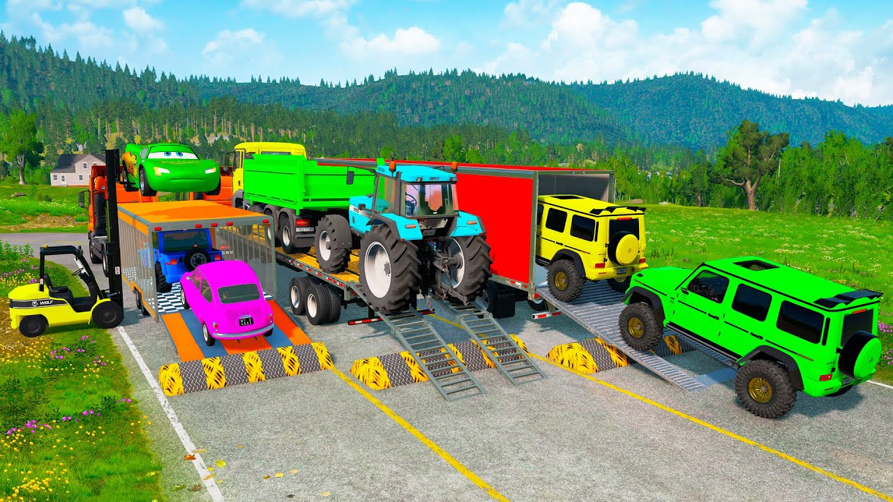 Flatbed Trailer Cars Transportation with Truck - Speedbumps vs Cars vs Train - BeamNG.Drive #69