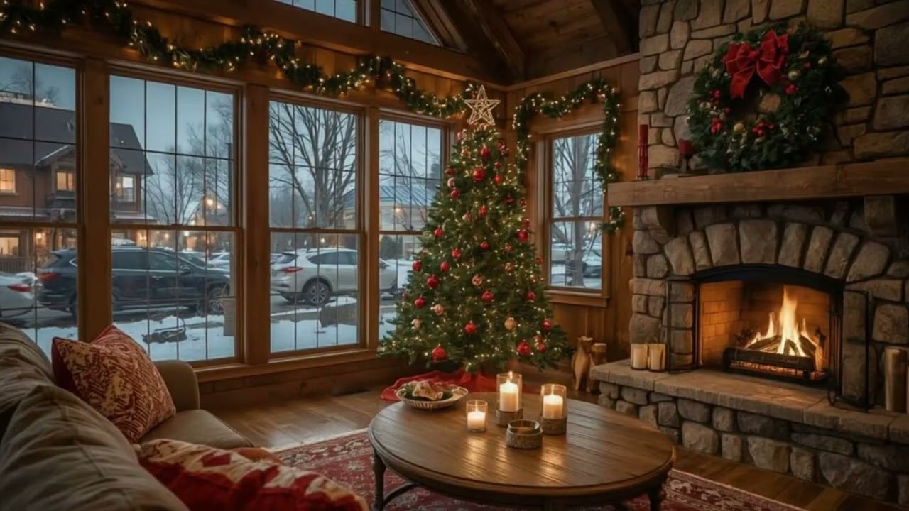 Relaxing Winter Snowfall with Soft Jazz Music on Cozy Cabin Ambience ⛄ Fireplace Sounds