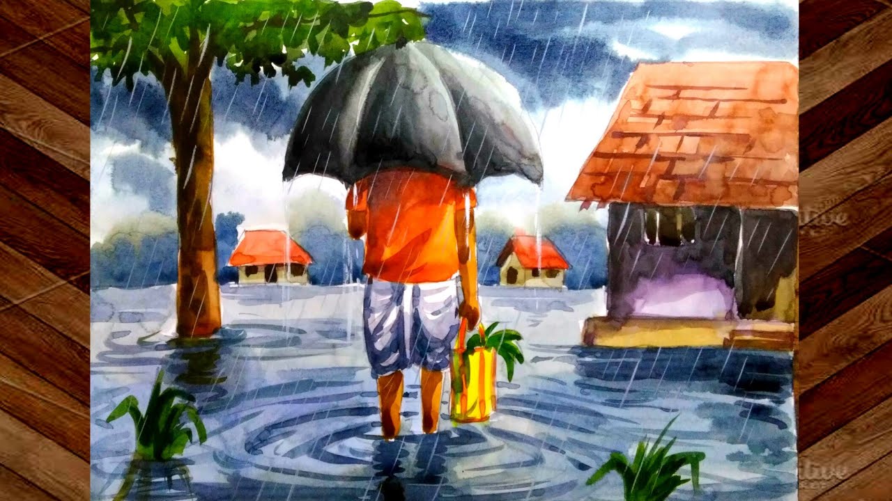 Rainy day scenery drawing with water colour step by step/Rainy season drawing