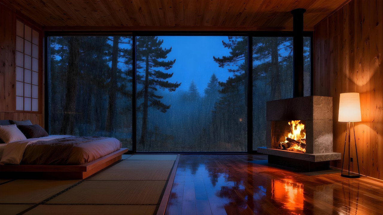 Fireplace & Rain Sounds in a Cozy Bedroom 🔥 Night Ambience for Sleeping (12 Hours)