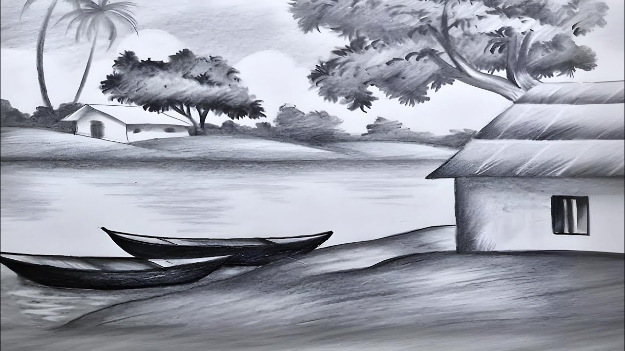 Shading scenery drawing/village drawing গ্রামের দৃশ্য আঁকা/দৃশ্য আঁকা/ছবি আঁকা/শরৎকালের দৃশ্য আঁকা