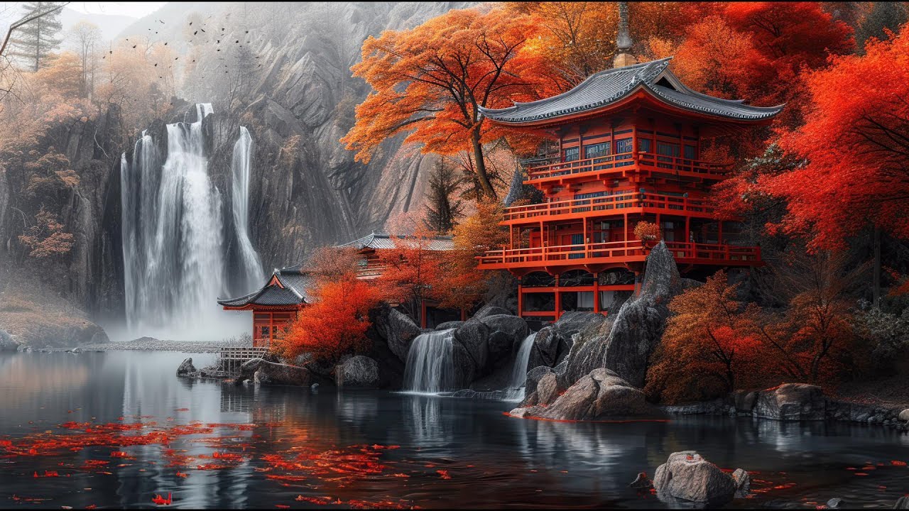 Japanese House & Waterfall | Relaxing Asian Music | Peaceful Autumn View | 1 Hour