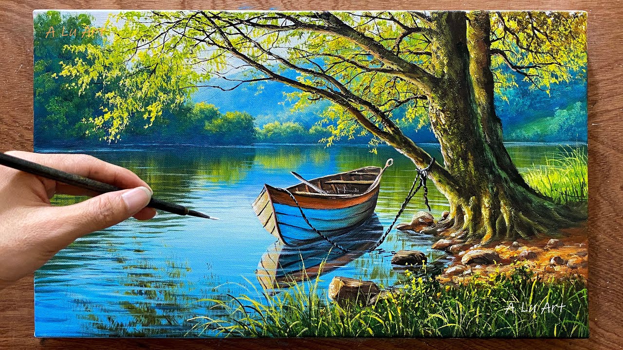 How to draw a boat moored on a lake #21 / Acrylic landscape painting / A Lu Art