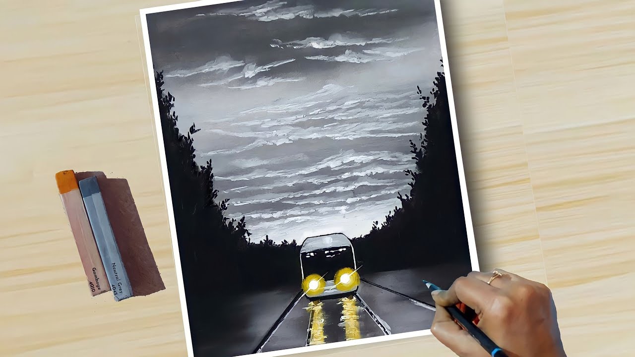 Soft Pastel Drawing - How To Draw Realistic 😱 Cloudy Roadways (step by step) Tutorial Black & White