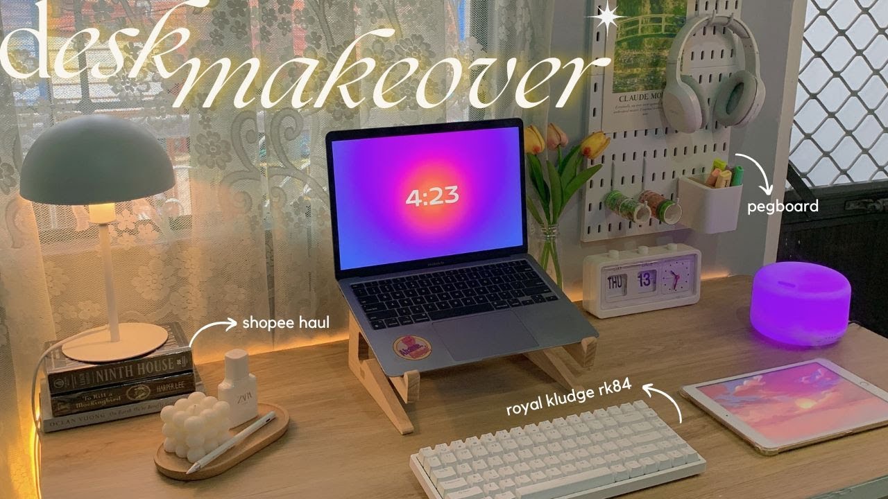 desk makeover 2023 ☻︎ cozy pastel setup, shopee haul, korean themed, unboxing