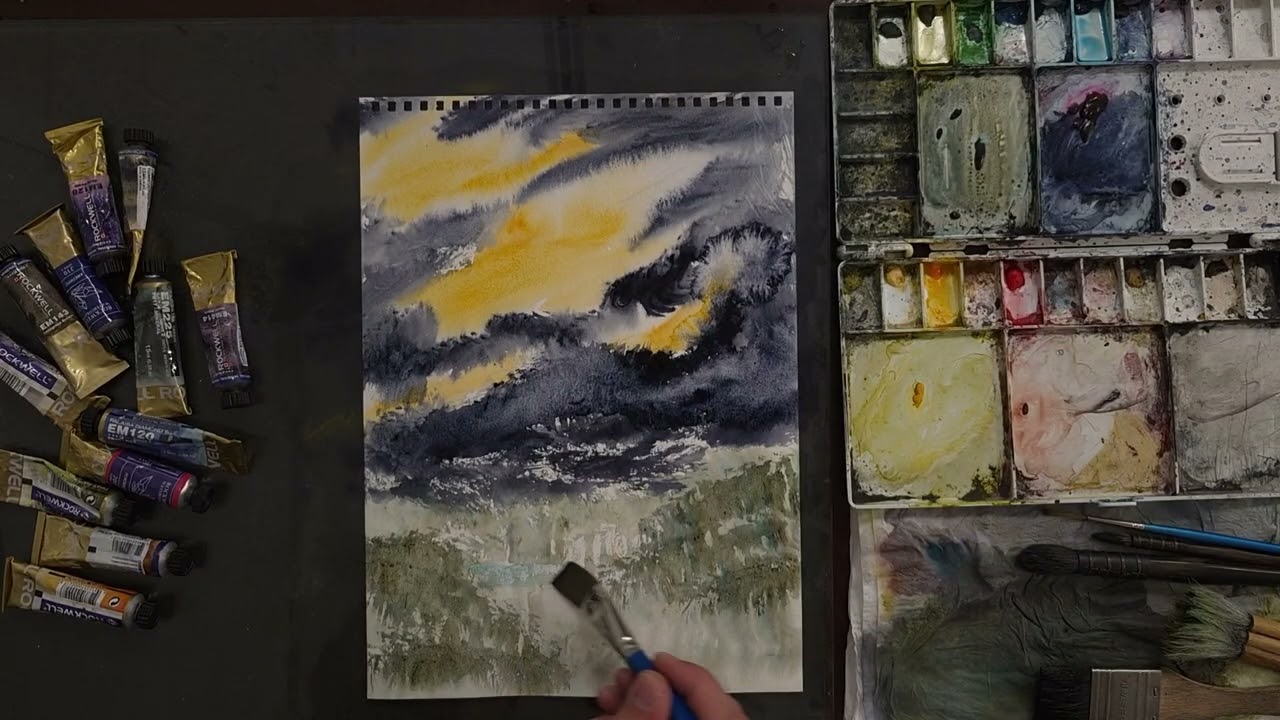 Amber Break Through the Storm | Watercolor Atmospheric Landscape #396