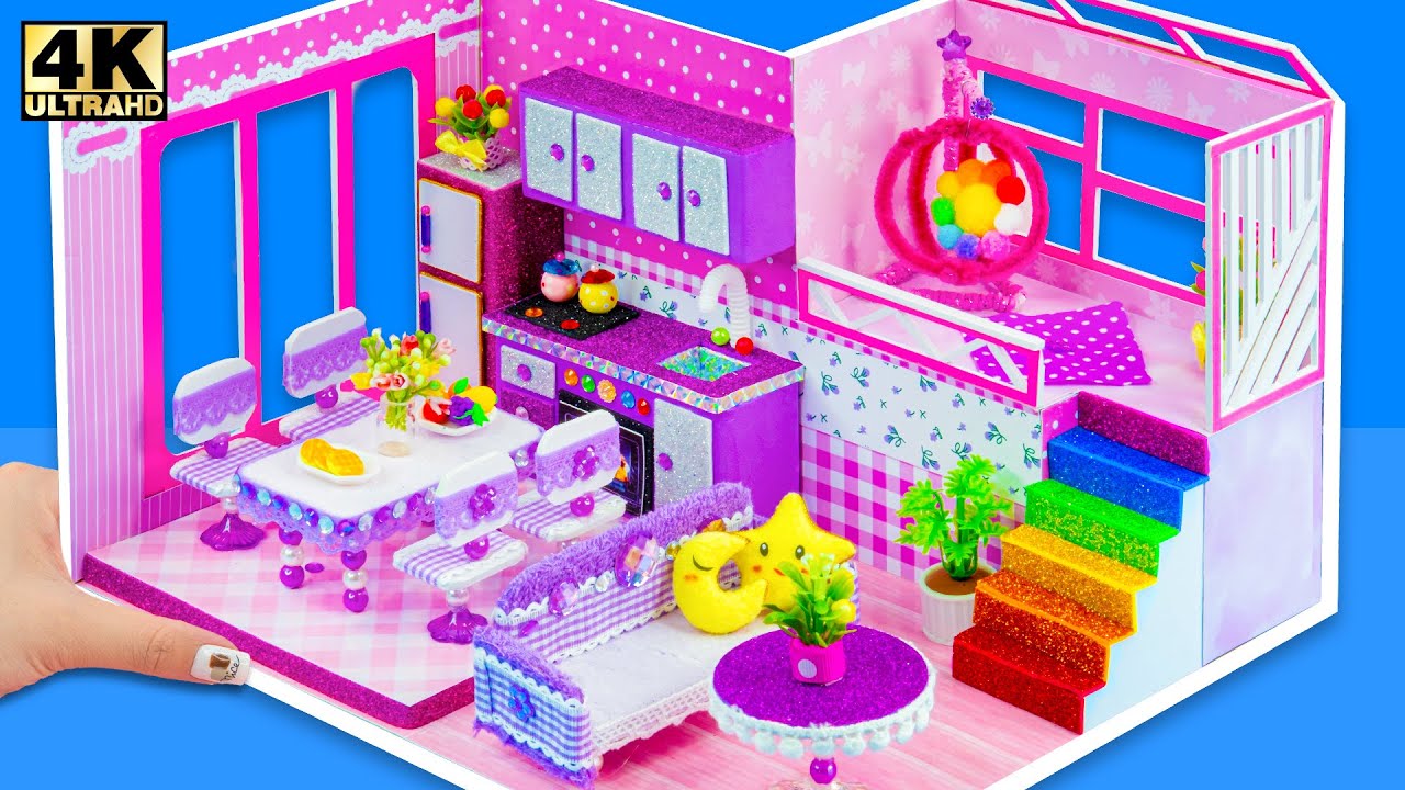 DIY Miniature Cardboard House #14 ❤️ with purple kitchen, living room for family