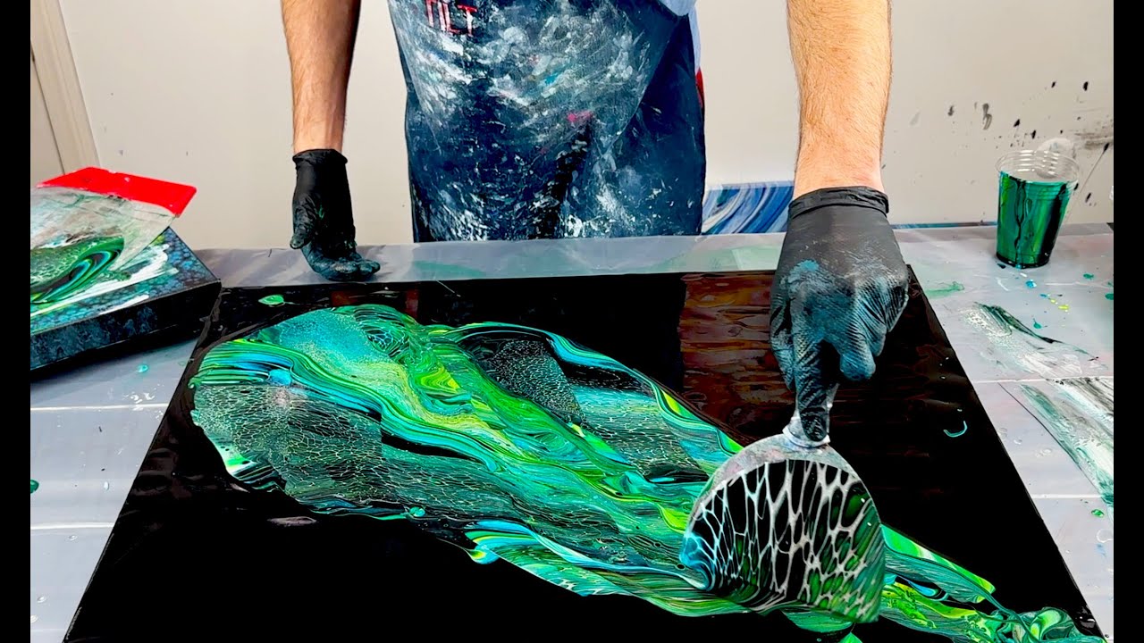 BIG CANVAS~Swipe Transfer and Spin~Wandering Ring Pour~Acrylic Fluid Art~243
