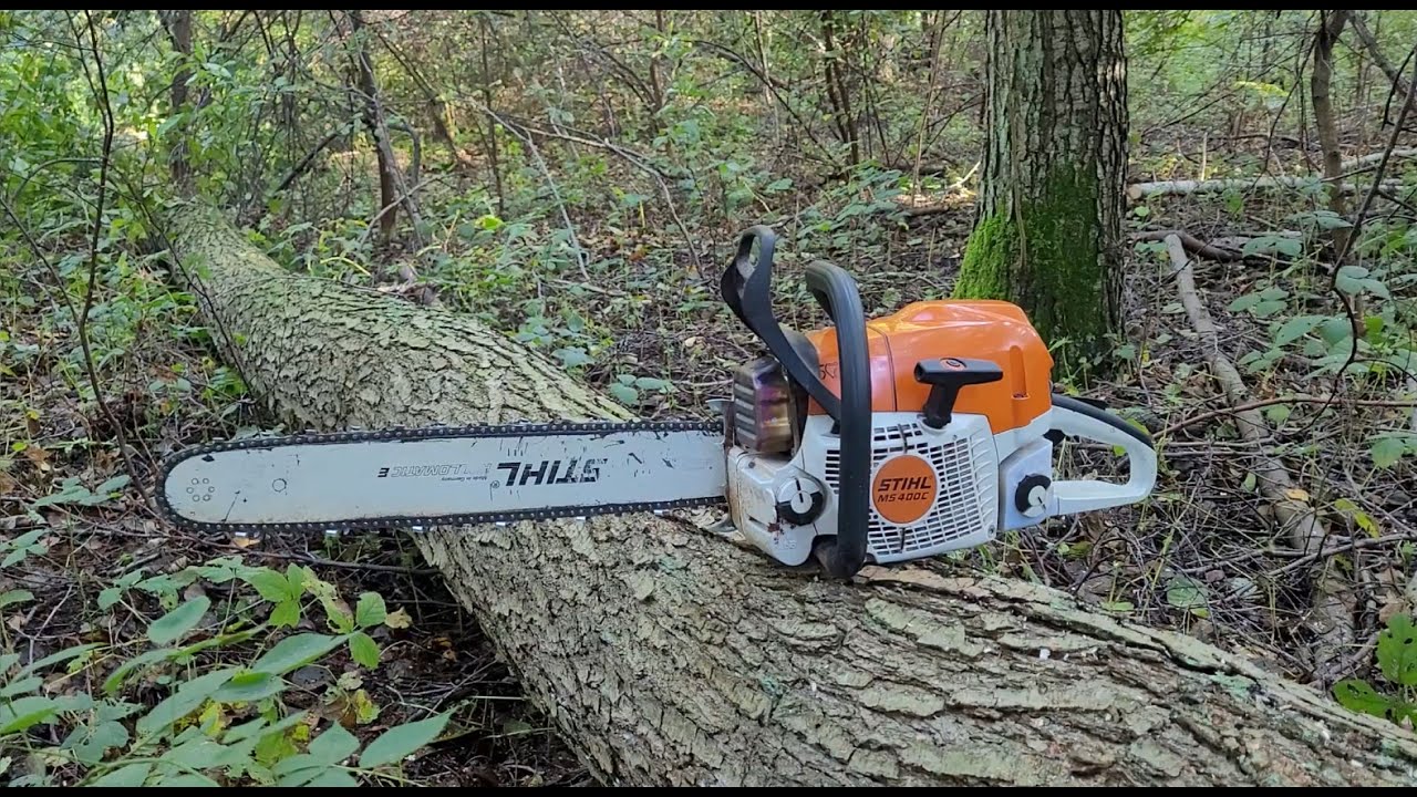 Stihl MS 400c — первая пила с магниевым поршнем и валкой ольхи у пяты с помощью опорной планки.