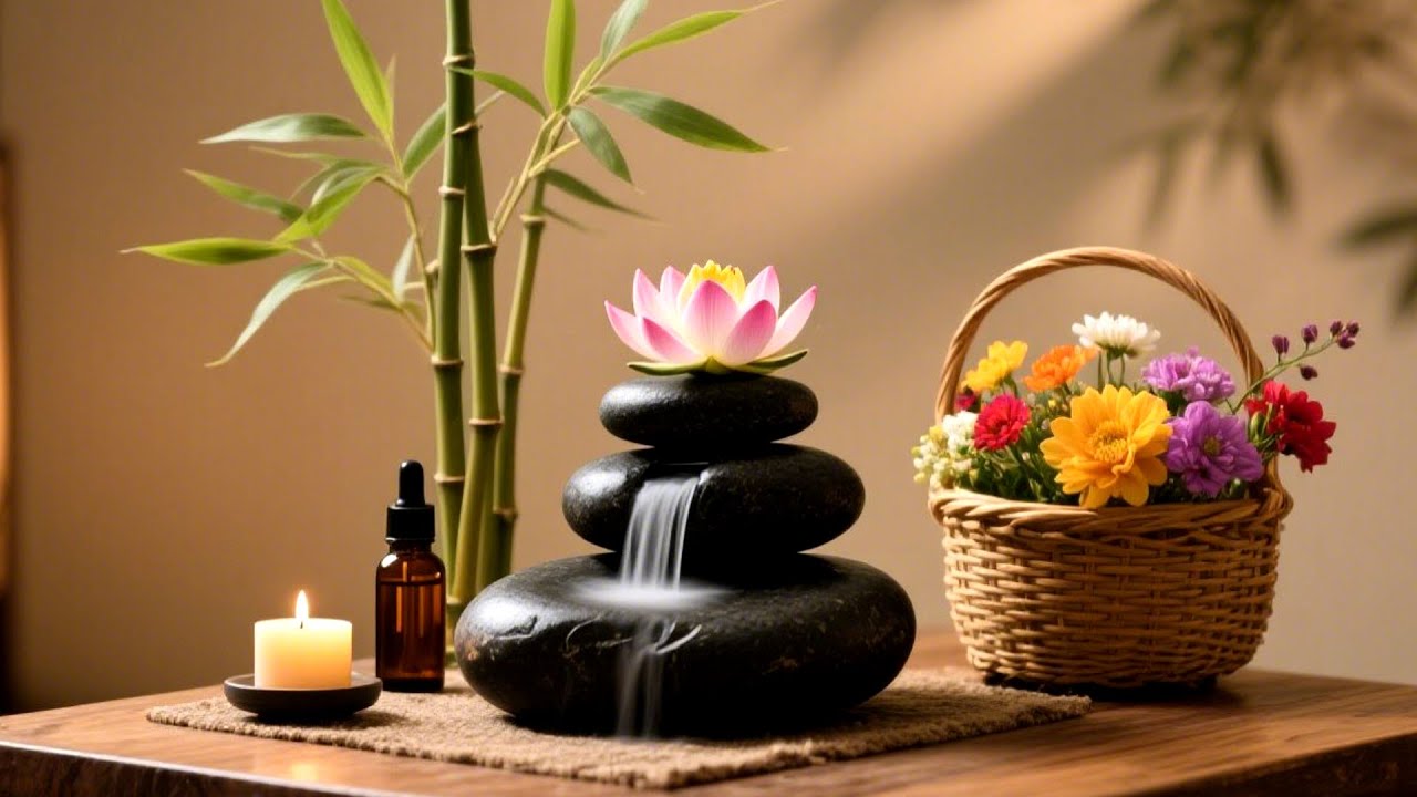 SPA RELAXATION MUSIC WITH FLOWING WATER AND GENTLE PIANO
