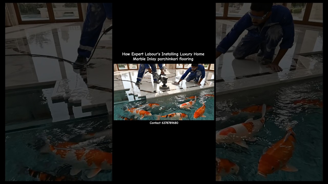 How expert labours installing Marble inlay parchinkari flooring in Luxury Home 