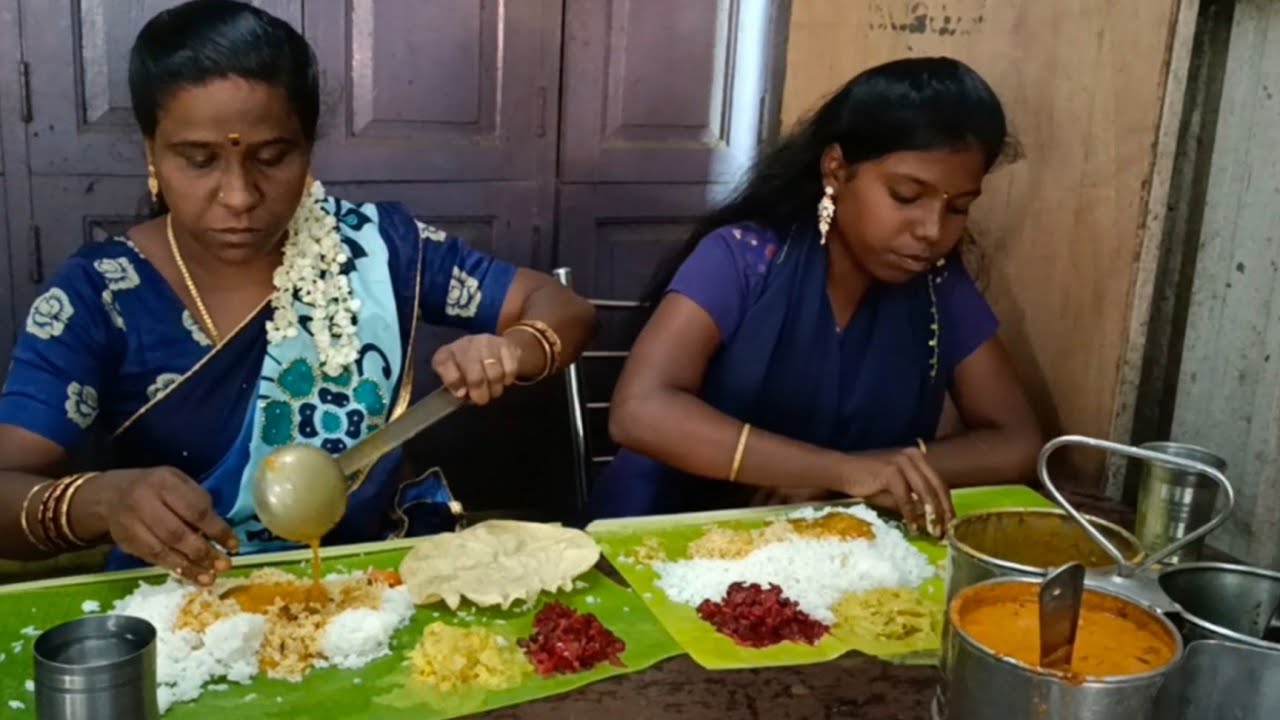 South Indian special full veg meals  eating show in hotel mom and daughter