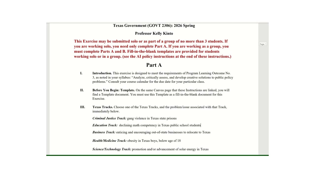 Professor Kinto. EE1 explanation for Texas Govt. 2026 spring.