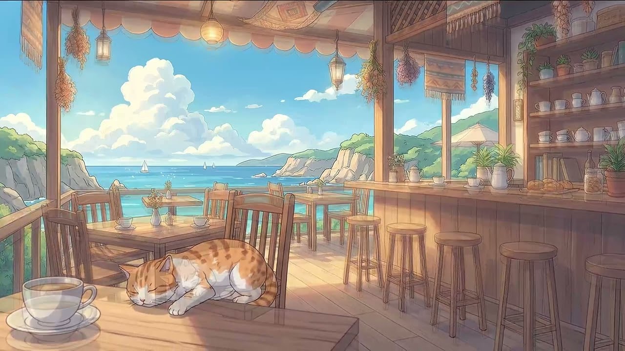 Relax and Calm 🌊 Cozy Cafe Ambience with Gentle Ocean View | Relaxing Music