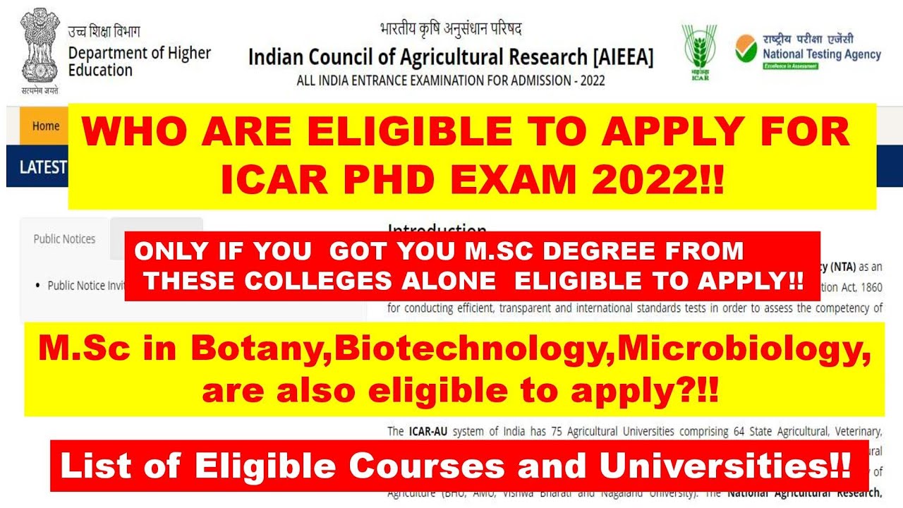 Eligibility to apply for ICAR PhD Exam||Course list and Institute List Provided||Check Soon