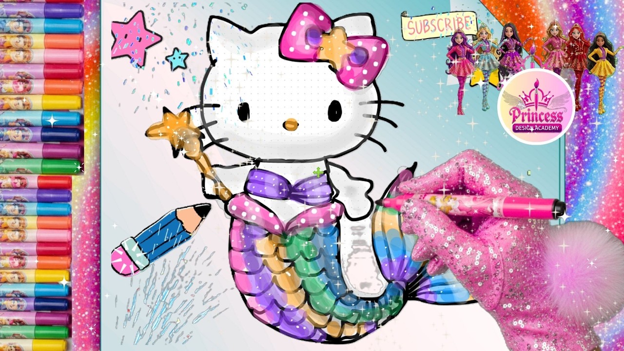 Рисунок с радужной русалкой и бабочкой Hello Kitty | Рисование и раскрашивание для детей