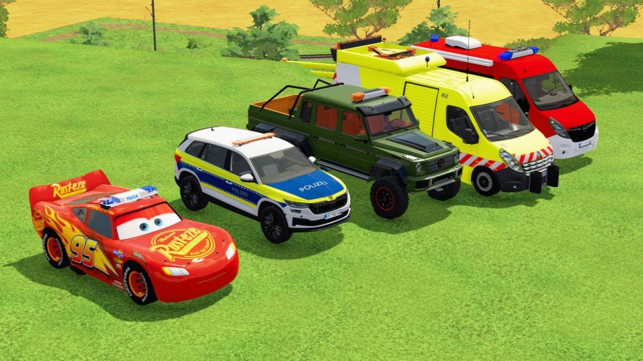 TRANSPORTING DACIA, MCQUEEN CAR, FORD POLICE CAR, AMBULANCE EMERGENCY WITH MAN TRUCKS FS22 #58