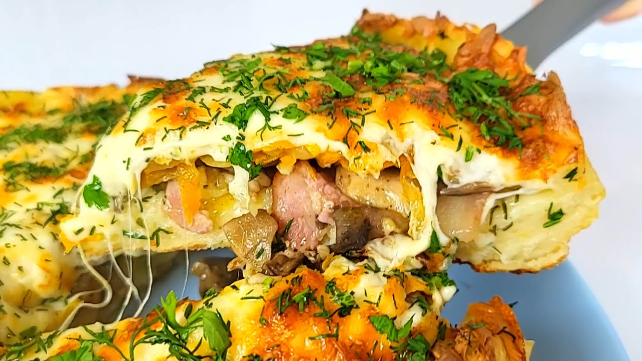 Рецепт картошки с мясом и грибами! Быстрый и очень  вкусный пирог с грибами для всей семьи❤️!
