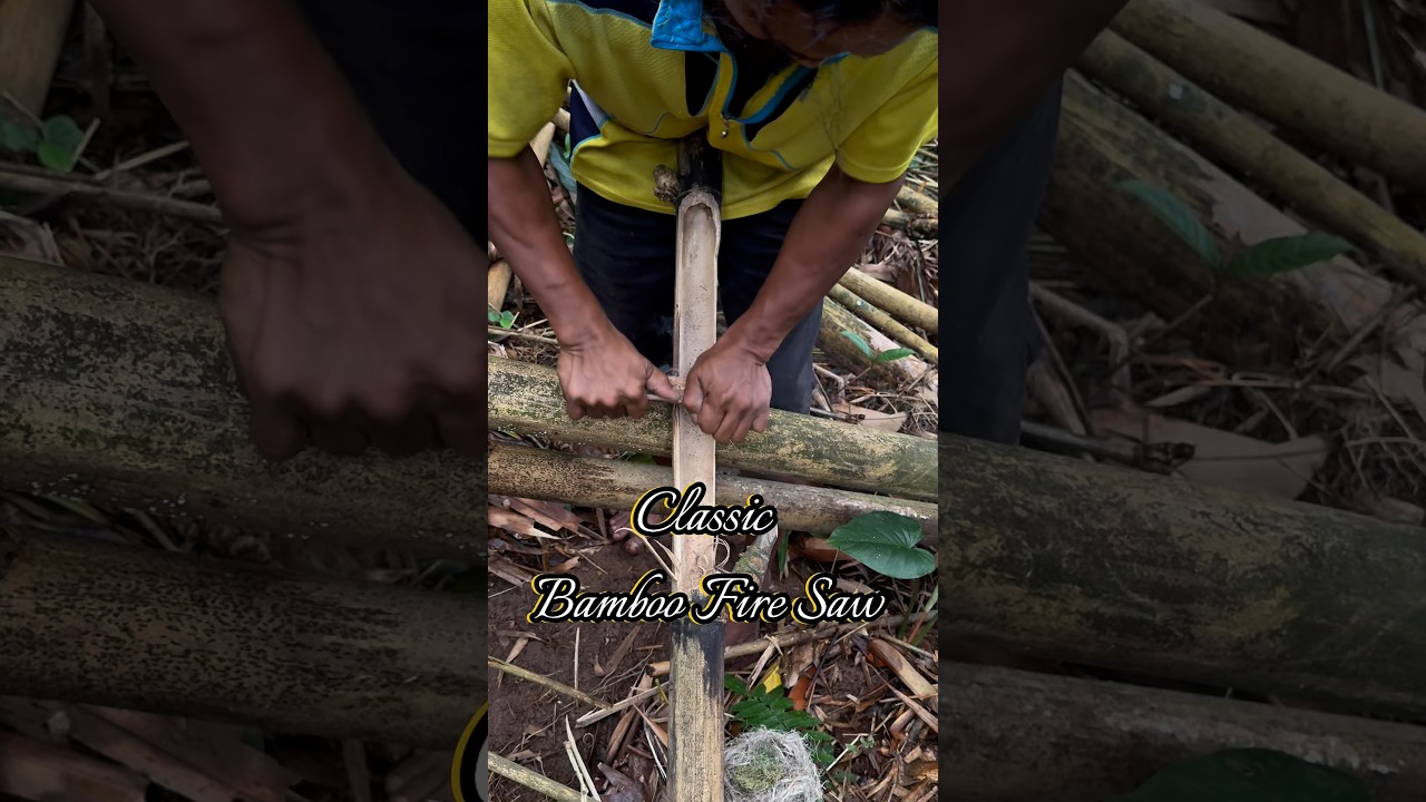 Classic fire making with bamboo fire saw 