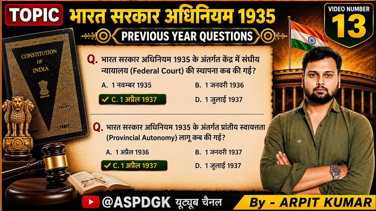 📍भारत सरकार अधिनियम 1935 | 50+ PYQS | Arpit Kumar #Aspgk