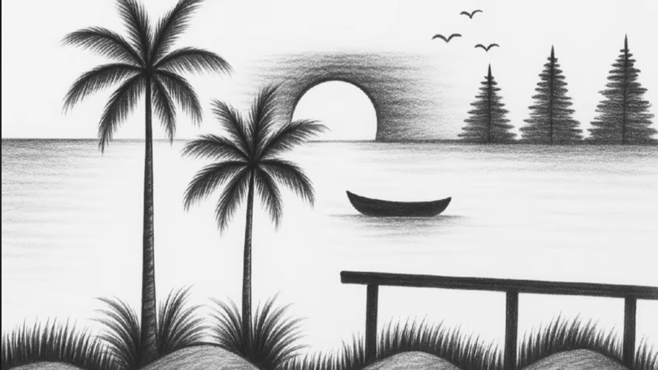 Easy drawing of river landscape...How to draw step by step 