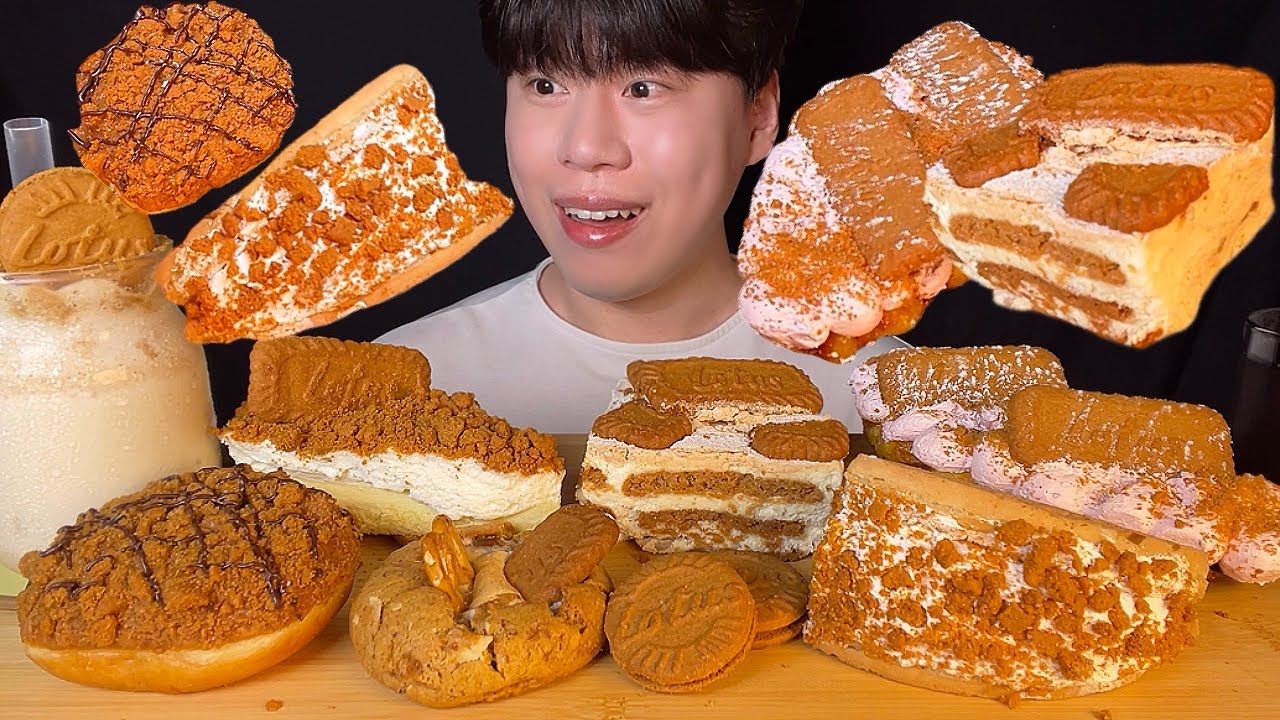 SUB)Корейский десерт Lotus Biscoff mukbang asmr, чизкейк, вафли со сливками, пончики, печенье s'more